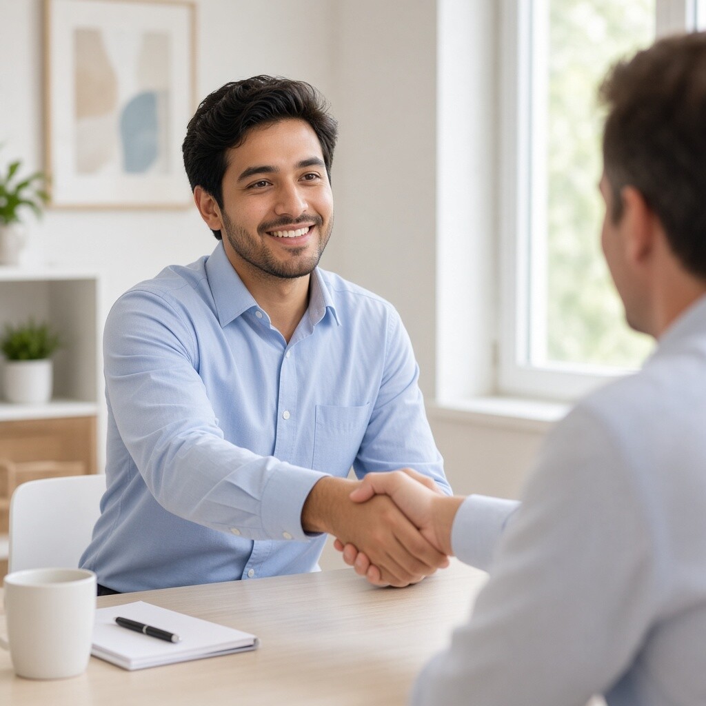 Un joven latino da la mano a su entrevistador en una oficina